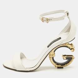 Dolce & Gabbana White Leather Keira Baroque DG Heel Ankle Strap Sandals Size 35