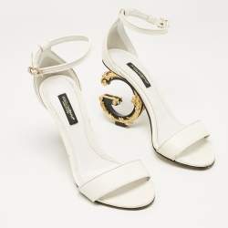 Dolce & Gabbana White Leather Keira Baroque DG Heel Ankle Strap Sandals Size 35