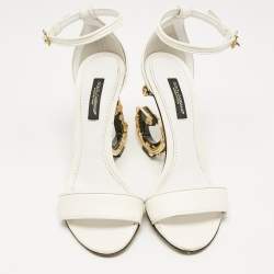 Dolce & Gabbana White Leather Keira Baroque DG Heel Ankle Strap Sandals Size 35