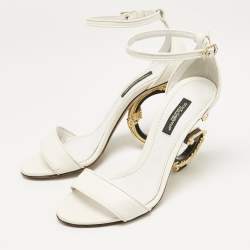 Dolce & Gabbana White Leather Keira Baroque DG Heel Ankle Strap Sandals Size 35