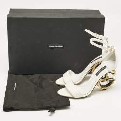 Dolce & Gabbana White Leather Keira Baroque DG Heel Ankle Strap Sandals Size 35