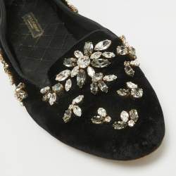 Pre Owned Dolce & Gabbana Black Velvet Crystal Embellished Ballet Flats Size 38.5