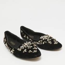 Pre Owned Dolce & Gabbana Black Velvet Crystal Embellished Ballet Flats Size 38.5