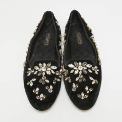 Pre Owned Dolce & Gabbana Black Velvet Crystal Embellished Ballet Flats Size 38.5
