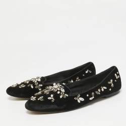 Pre Owned Dolce & Gabbana Black Velvet Crystal Embellished Ballet Flats Size 38.5