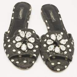 Dolce & Gabbana Black Polka Dot Canvas Bianca Flat Slides Size 38