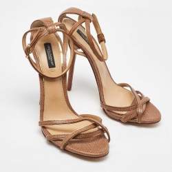 Pre Owned Dolce & Gabbana Brown Lizard Embossed Leather Ankle Strap Sandals Size 40