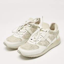 Pre Owned Dolce & Gabbana White Floral Lace and Leather Low Top Sneakers Size 39