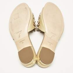 Pre Owned Rene Caovilla Gold Lizard Embossed Leather Crystal Embellished Flat Slide Size 38