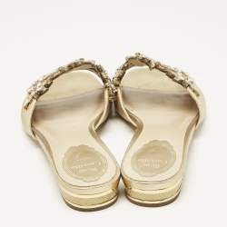 Pre Owned Rene Caovilla Gold Lizard Embossed Leather Crystal Embellished Flat Slide Size 38