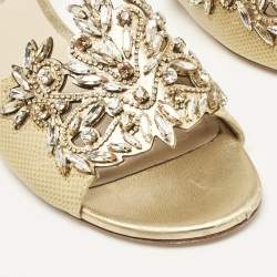 Pre Owned Rene Caovilla Gold Lizard Embossed Leather Crystal Embellished Flat Slide Size 38