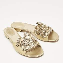 Pre Owned Rene Caovilla Gold Lizard Embossed Leather Crystal Embellished Flat Slide Size 38