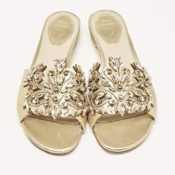 Pre Owned Rene Caovilla Gold Lizard Embossed Leather Crystal Embellished Flat Slide Size 38