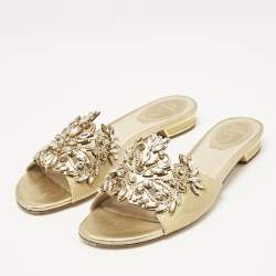 Pre Owned Rene Caovilla Gold Lizard Embossed Leather Crystal Embellished Flat Slide Size 38