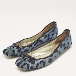 Pre Owned Dolce & Gabbana Blue Leopard Print Denim and Leather Bow Detail Ballet Flats Size 41