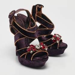 Pre Owned Dolce & Gabbana Purple Velvet And Leather Crystal Embellished Sandals Size 36