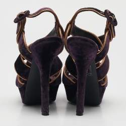 Pre Owned Dolce & Gabbana Purple Velvet And Leather Crystal Embellished Sandals Size 36