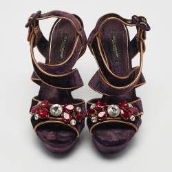 Pre Owned Dolce & Gabbana Purple Velvet And Leather Crystal Embellished Sandals Size 36