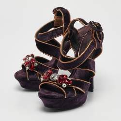 Pre Owned Dolce & Gabbana Purple Velvet And Leather Crystal Embellished Sandals Size 36