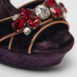 Pre Owned Dolce & Gabbana Purple Velvet And Leather Crystal Embellished Sandals Size 36