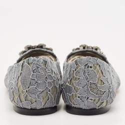 Pre Owned Dolce & Gabbana Grey Lace Crystal Embellished Taormina Ballet Flats Size 38.5