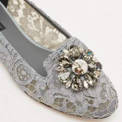Pre Owned Dolce & Gabbana Grey Lace Crystal Embellished Taormina Ballet Flats Size 38.5