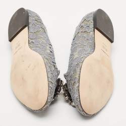 Pre Owned Dolce & Gabbana Grey Lace Crystal Embellished Taormina Ballet Flats Size 38.5