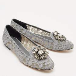 Pre Owned Dolce & Gabbana Grey Lace Crystal Embellished Taormina Ballet Flats Size 38.5