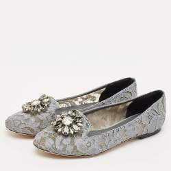Pre Owned Dolce & Gabbana Grey Lace Crystal Embellished Taormina Ballet Flats Size 38.5