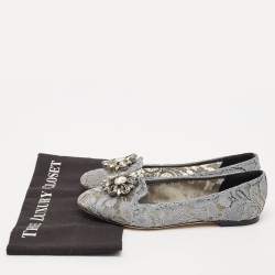 Pre Owned Dolce & Gabbana Grey Lace Crystal Embellished Taormina Ballet Flats Size 38.5