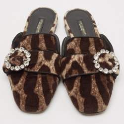 Pre Owned Dolce & Gabbana Brown Leopard Print Velvet Crystal Embellished Mules Size 36