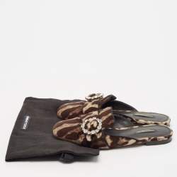 Pre Owned Dolce & Gabbana Brown Leopard Print Velvet Crystal Embellished Mules Size 36
