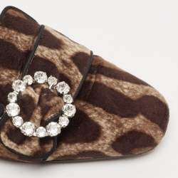 Pre Owned Dolce & Gabbana Brown Leopard Print Velvet Crystal Embellished Mules Size 36