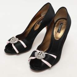 Dolce & Gabbana Black Satin Crystal Bow Embellished Pumps Size 36