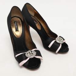 Dolce & Gabbana Black Satin Crystal Bow Embellished Pumps Size 36