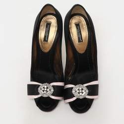 Dolce & Gabbana Black Satin Crystal Bow Embellished Pumps Size 36