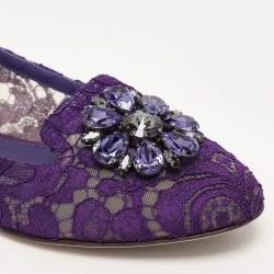 Dolce & Gabbana Purple Lace Crystal Embellished Taormina Ballet Flats Size 38