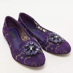 Dolce & Gabbana Purple Lace Crystal Embellished Taormina Ballet Flats Size 38