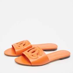 Pre Owned Dolce & Gabbana Orange Leather DG Cut Out Logo Flat Slides Size 39