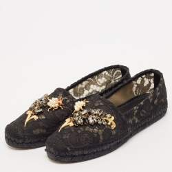 Pre Owned Dolce & Gabbana Black Lace Crystal Embellished Espadrille Flats Size 37