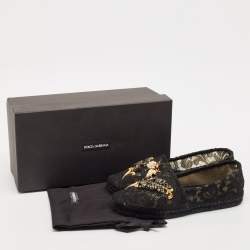 Pre Owned Dolce & Gabbana Black Lace Crystal Embellished Espadrille Flats Size 37