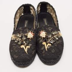 Pre Owned Dolce & Gabbana Black Lace Crystal Embellished Espadrille Flats Size 37