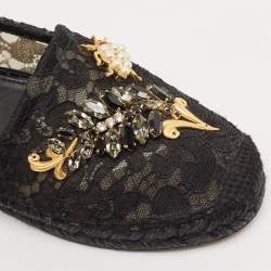 Pre Owned Dolce & Gabbana Black Lace Crystal Embellished Espadrille Flats Size 37