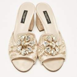 Pre Owned Dolce & Gabbana Beige Lace Crystal Embellished Bianca Slide Sandals Size 35