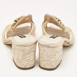 Pre Owned Dolce & Gabbana Beige Lace Crystal Embellished Bianca Slide Sandals Size 35