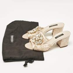 Pre Owned Dolce & Gabbana Beige Lace Crystal Embellished Bianca Slide Sandals Size 35