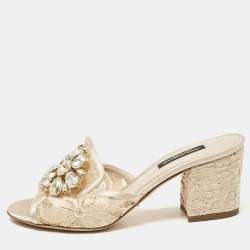 Pre Owned Dolce & Gabbana Beige Lace Crystal Embellished Bianca Slide Sandals Size 35