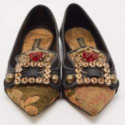 Pre Owned Dolce & Gabbana Black Leather Crystal Embellished Ballet Flat Size 37