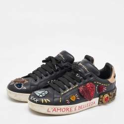 Pre Owned Dolce & Gabbana Black Leather Portofino Embellished Low Top Sneakers Size 38