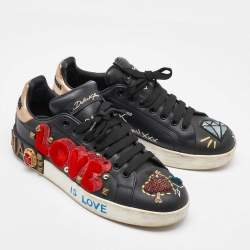 Pre Owned Dolce & Gabbana Black Leather Portofino Embellished Low Top Sneakers Size 38